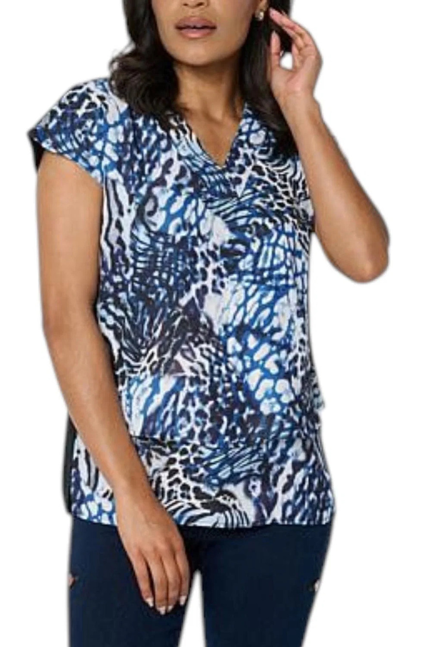 DG2 by Diane Gilman Women's Crepe V-Neck Cap-Slv Top Blue Leopard - Regular
